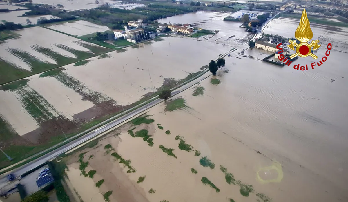 The Prato area after floods hit Toscana region in central Italy on Nov. 3, 2023. (Italian Firefighters - Vigili del Fuoco via AP)