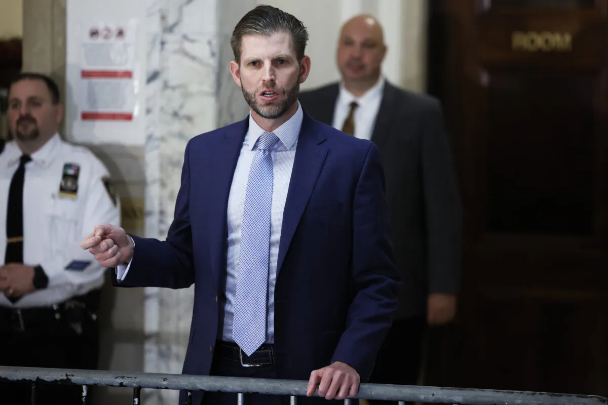 Eric Trump gives a statement after his second day of testimony during his civil fraud trial at New York State Supreme Court in New York on Nov. 3, 2023. (Michael M. Santiago/Getty Images)