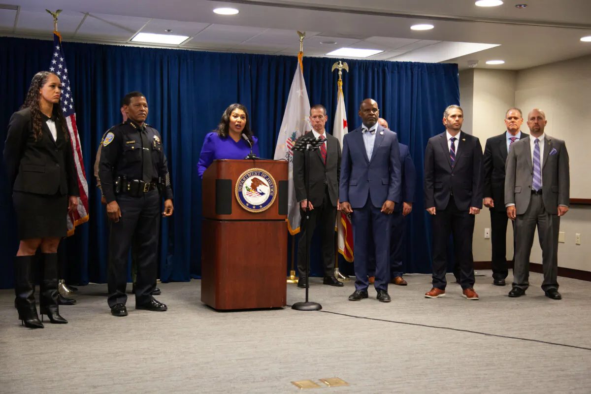 SF Mayor London Breed speaks at the ‘All Hands on Deck’ initiative at the federal building at 450 Golden Gate Avenue in San Francisco on Nov 2 joined by other local and federal law enforcement agencies. (Lear Zhou/The Epoch Times)