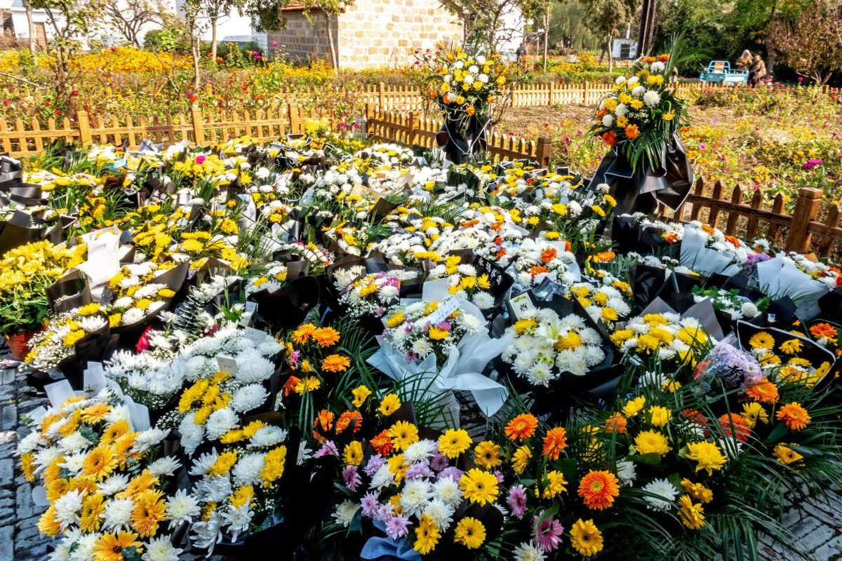 Flowers left at a place where former Chinese premier Li Keqiang used to work at in Chuzhou, in China's eastern Anhui province, on Oct. 30, 2023. (STR/AFP via Getty Images)