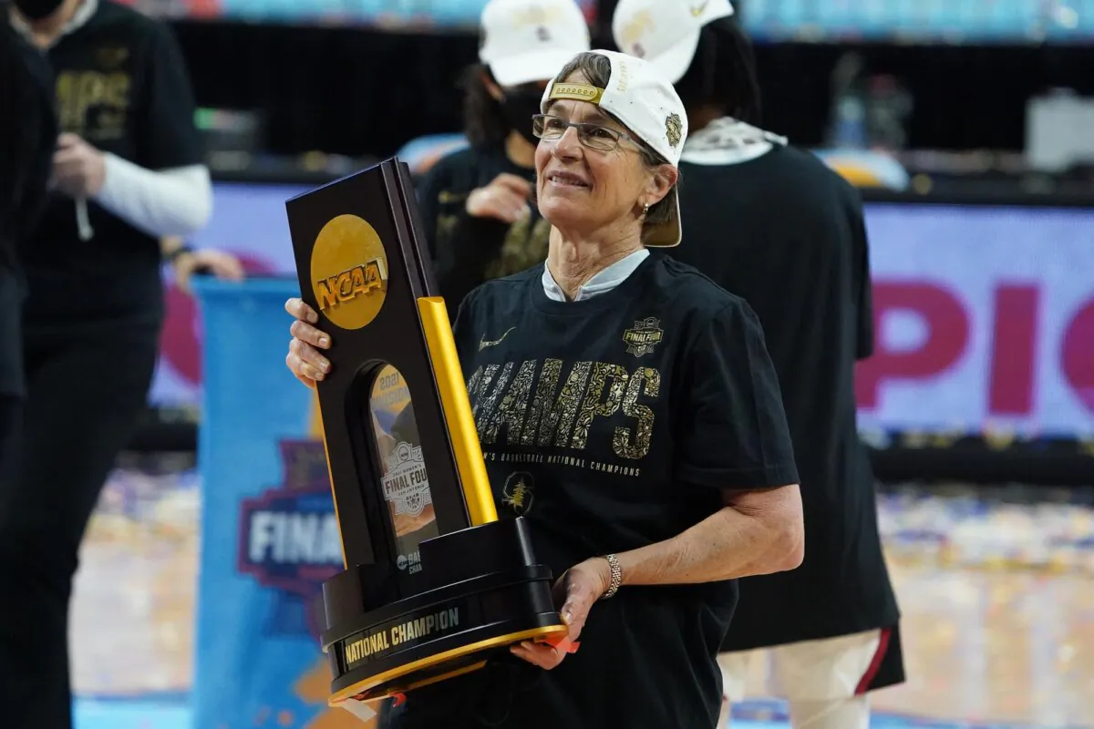 Head coach Tara VanDerveer of the Stanford Cardinal poses with the championship trophy after the National Championship game of the 2021 NCAA Women's Basketball Tournament in San Antonio, Texas, on April 4, 2021. (Courtesy of Stanford University)
