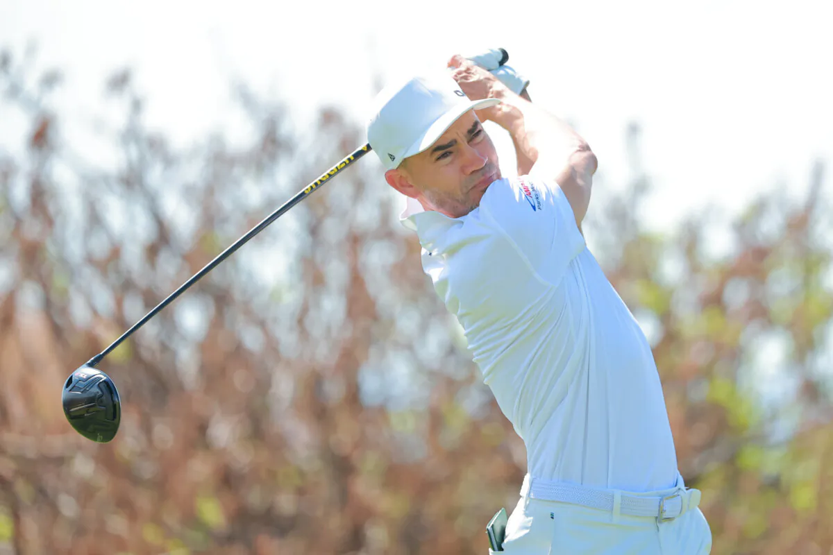 Camilo Villegas of Colombia plays his shot from the eighth tee during the first round of the World Wide Technology Championship at El Cardonal at Diamante in Cabo San Lucas, Baja California Sur, Mexico, on Nov. 2, 2023. (Hector Vivas/Getty Images)