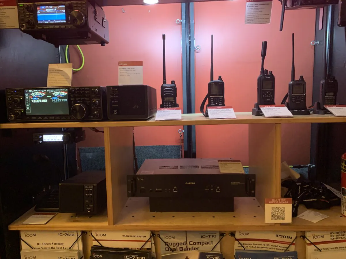 Amateur radio equipment on display at the Annual Amateur Radio Conference “Pacificon” in San Ramon, Calif., on Oct. 21, 2023. (Helen Billings/The Epoch Times)