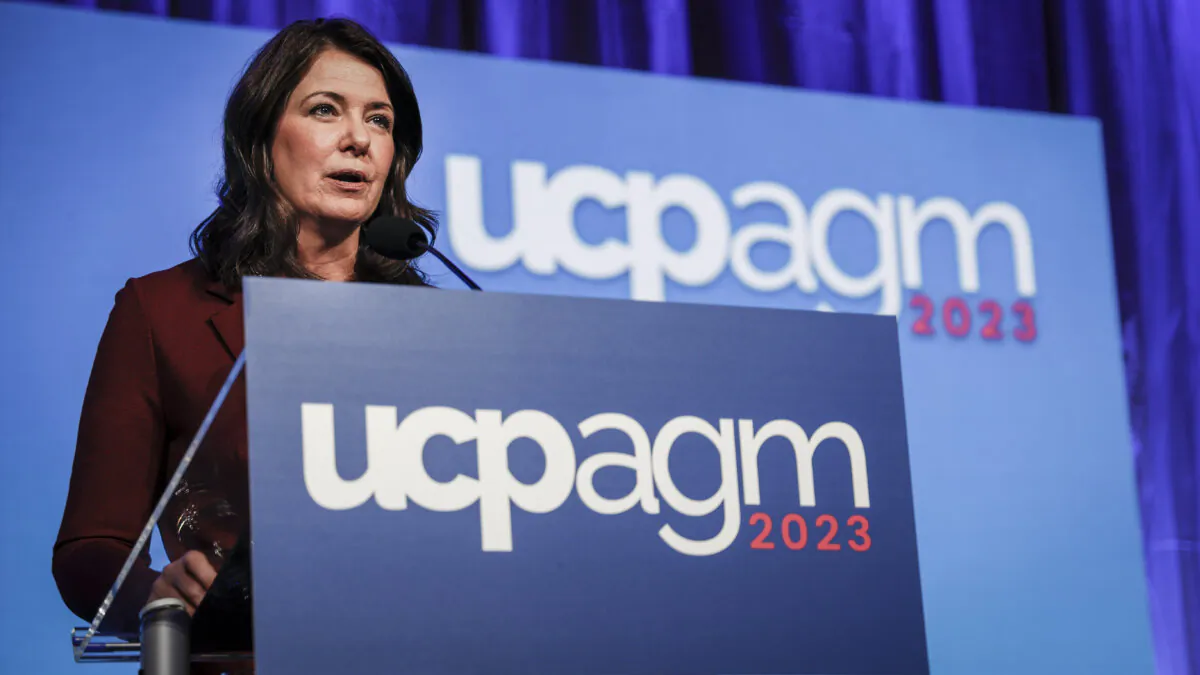 Alberta Premier Danielle Smith speaks to party faithful at the United Conservative Party annual general meeting in Calgary on Nov. 4, 2023. (The Canadian Press/Jeff McIntosh)