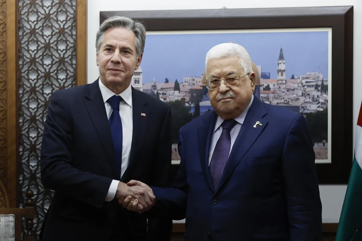 U.S. Secretary of State Antony Blinken meets with Palestinian leader Mahmoud Abbas (R) at the Muqata in Ramallah in the West Bank on Nov. 5, 2023. (Jonathan Ernst/Pool/AFP via Getty Images)