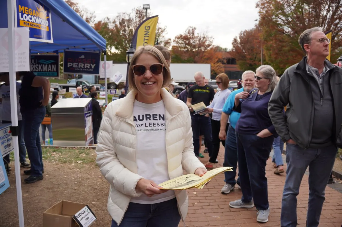 Lauren Shernoff, a Loudoun County School Board candidate for the Leesburg District, outside the Loudoun County Office of Elections in Leesburg, Va., on Nov. 4, 2023. (Terri Wu/The Epoch Times)