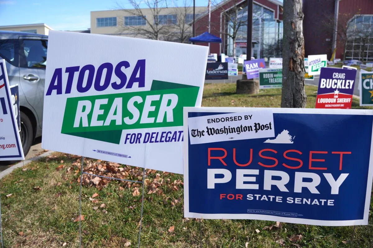 A "Russet Perry for State Senate" sign outside the Claude Moore Recreation Center, one of the early in-person voting sites, in Sterling, Va., on Nov. 4, 2023. (Terri Wu/The Epoch Times)