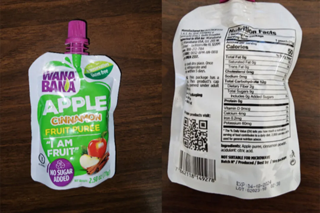 A WanaBana apple cinnamon fruit puree pouch. (FDA via AP)