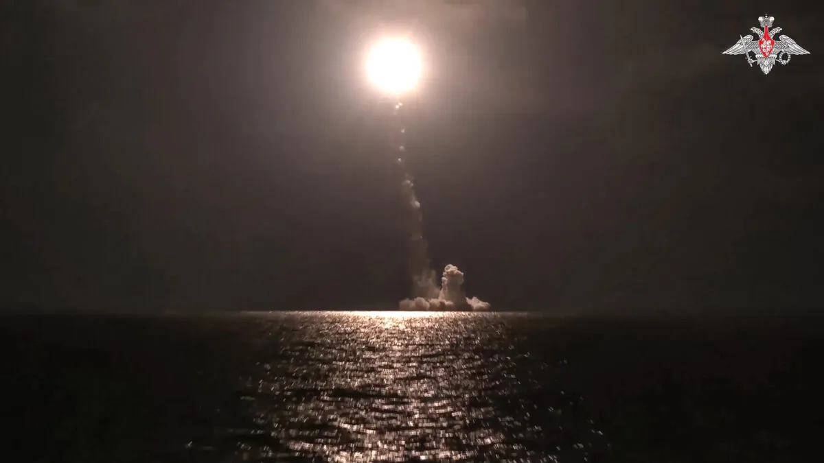 The Emperor Alexander III nuclear submarine of the Russia navy test-fires a Bulava intercontinental ballistic missile from the White Sea, on Nov. 5, 2023. (Russian Defense Ministry Press Service via AP)