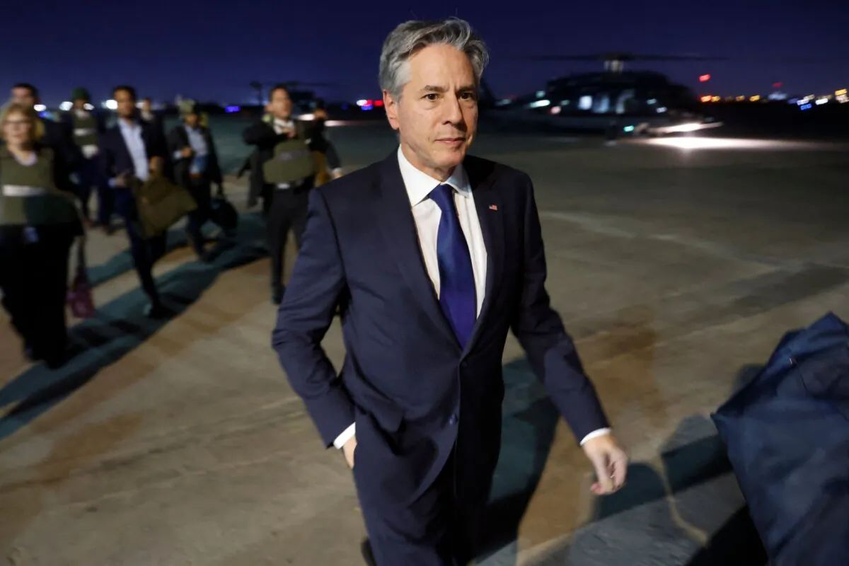 U.S. Secretary of State Antony Blinken returns to Baghdad International Airport from the International Zone via helicopter after meeting Iraq's Prime Minister in Baghdad, Iraq, on Nov. 5, 2023. (Jonathan Ernst/Pool/AFP via Getty Images)