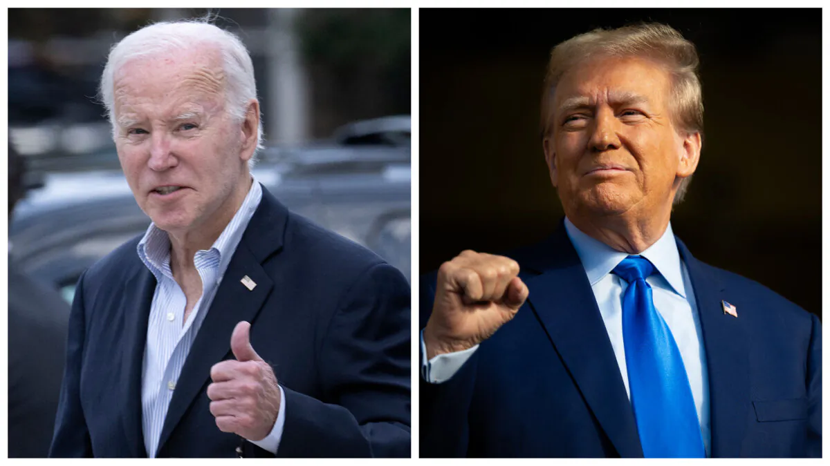 (L) President Joe Biden gives a thumbs-up as he leaves St. Edmond Roman Catholic Church in Rehoboth Beach, Del., on Nov. 4, 2023. (Brendan Smialowski/AFP via Getty Images); (R) Former President Donald Trump looks on during a campaign rally at Trendsetter Engineering Inc. in Houston on Nov. 2, 2023. (Brandon Bell/Getty Images)