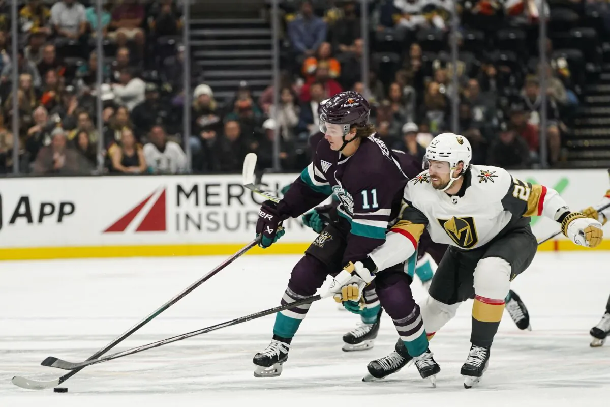 Anaheim Ducks center Trevor Zegras (L) and Vegas Golden Knights defenseman Shea Theodore vie for the puck during the first period of an NHL hockey game in Anaheim, Calif, on Nov. 5, 2023. (Ryan Sun/AP Photo)