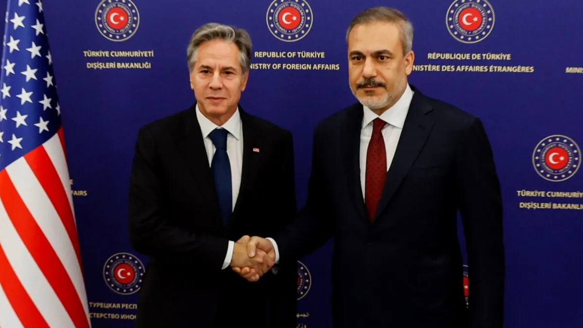 U.S. Secretary of State Antony Blinken (left) shakes hands with with Turkish Foreign Minister Hakan Fidan prior to their meeting at the Ministry of Foreign Affairs in Ankara, Turkey, on Nov. 6, 2023. (Jonathan Ernst/AFP via Getty Images)
