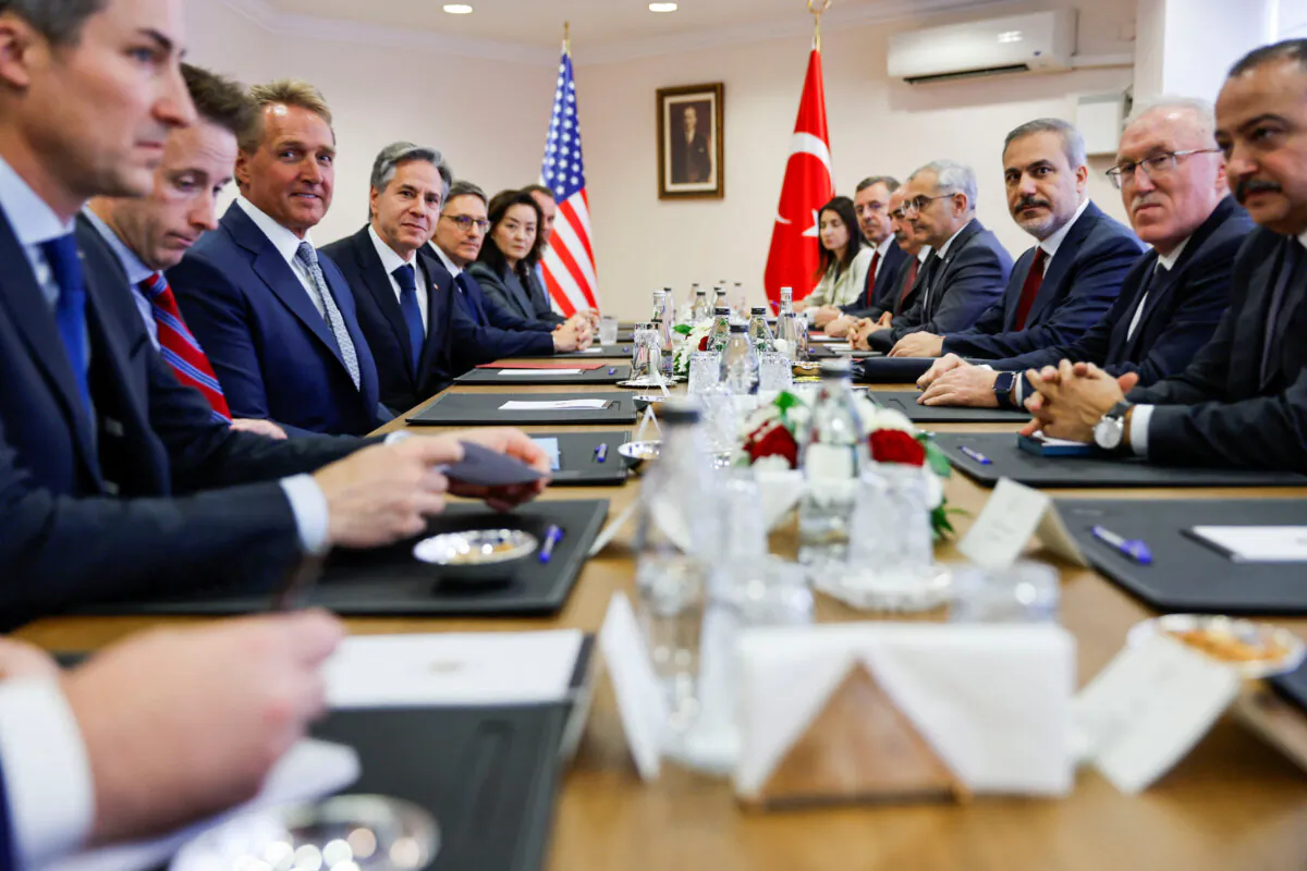 U.S. Secretary of State Antony Blinken attends a meeting with Turkish Foreign Minister Hakan Fidan at the Ministry of Foreign Affairs in Ankara, Turkey, on Nov. 6, 2023. (Jonathan Ernst/Pool via Reuters)