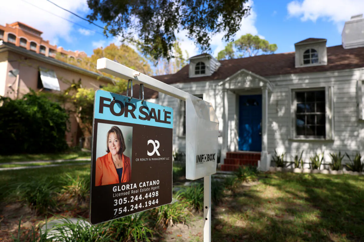 A “For Sale” sign displayed in front of a home in Miami on Feb. 22, 2023. (Joe Raedle/Getty Images)