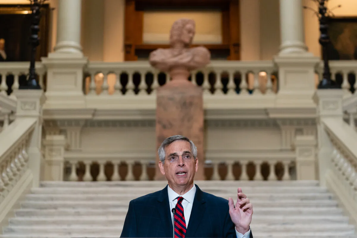 Georgia Secretary of State Brad Raffensperger speaks at a press conference at the Georgia State Capitol in Atlanta, Ga., on Nov. 11, 2022. (Elijah Nouvelage/Getty Images)