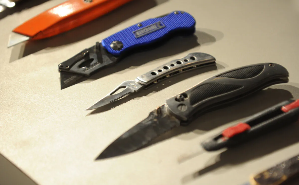 Part of a collection of knives seized by police around transport hubs in the last six months is displayed at the Victoria Police Centre in Melbourne, Australia, on April 1, 2010. (AAP Image/Julian Smith)