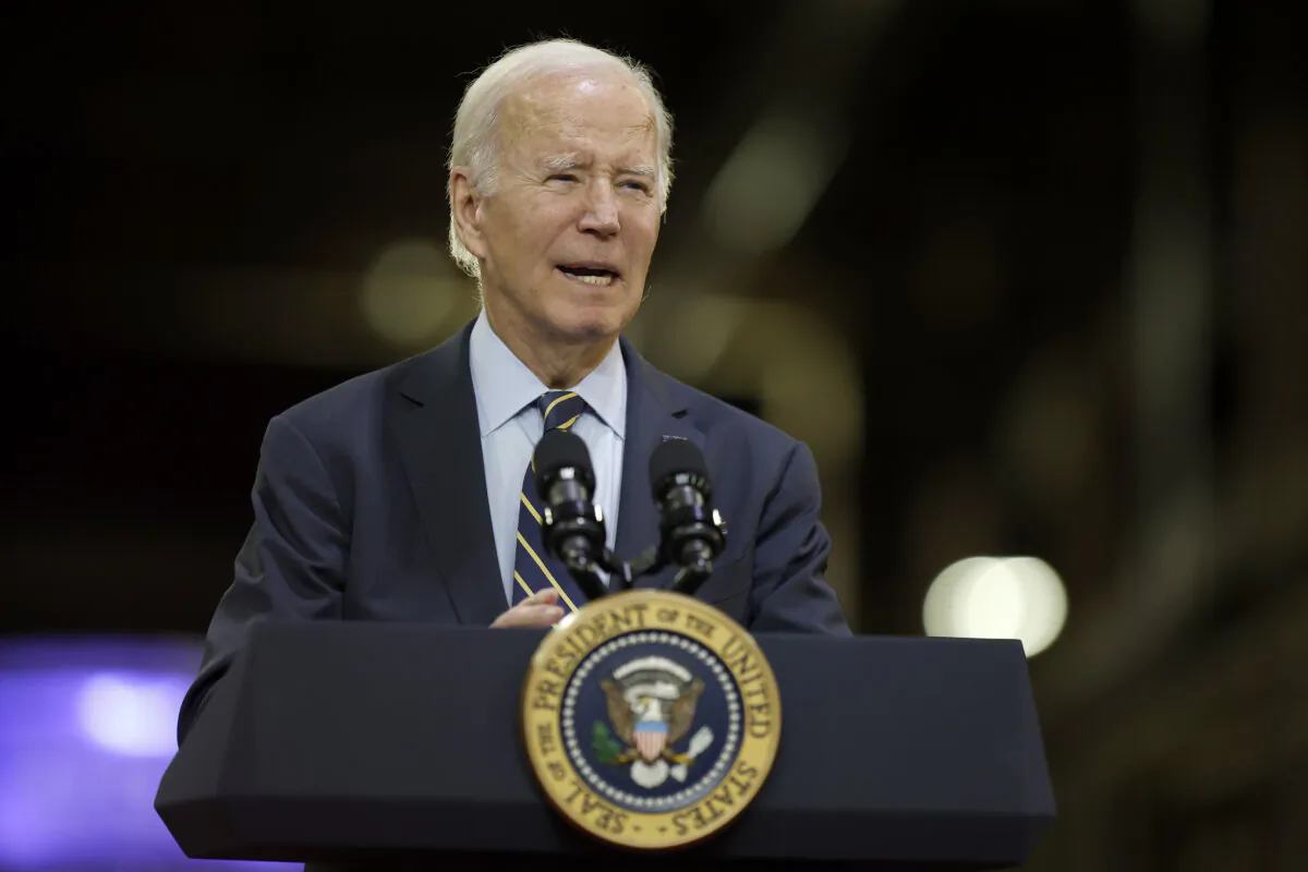 President Joe Biden announces more than $16 billion in new funding for rail projects on the Northeast Corridor at the Amtrak Bear Heavy Maintenance Facility in Bear, Del., on Nov. 6, 2023. (Chip Somodevilla/Getty Images)