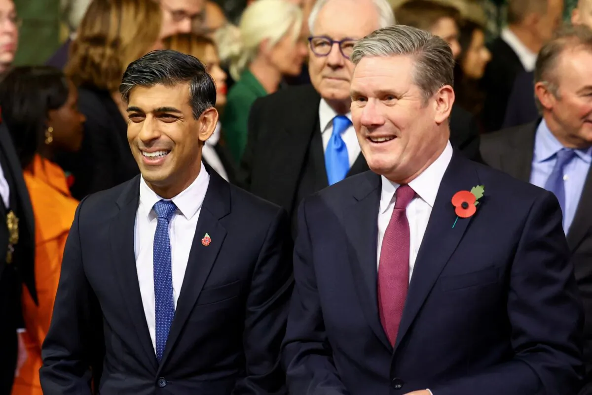 Prime Minister Rishi Sunak (L) with Labour leader Sir Keir Starmer (R) at the state opening of Parliament in Westminster, London, on Nov. 7, 2023. (PA)
