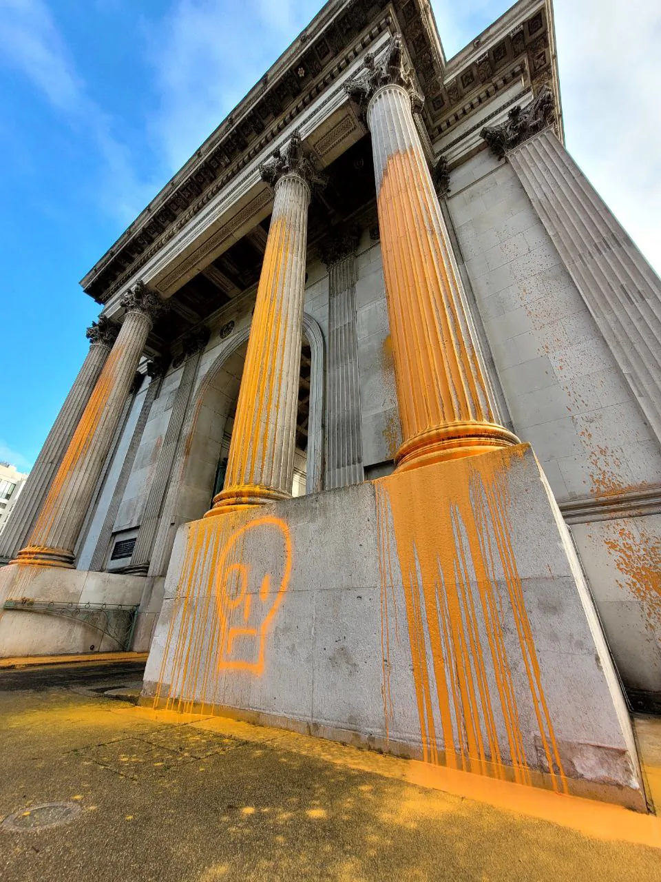 Handout photo issued by Just Stop Oil of Wellington Arch after Just Stop Oil protesters sprayed the building with orange paint in central London on Oct. 25, 2023. (Just Stop Oil/PA Wire) 