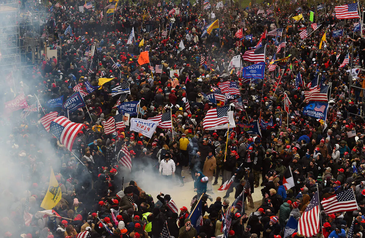 Demonstrators outside the U.S. Capitol as Congress debated the 2020 presidential election Electoral College vote certification on Jan. 6, 2021. (Roberto Schmidt/AFP via Getty Images)
