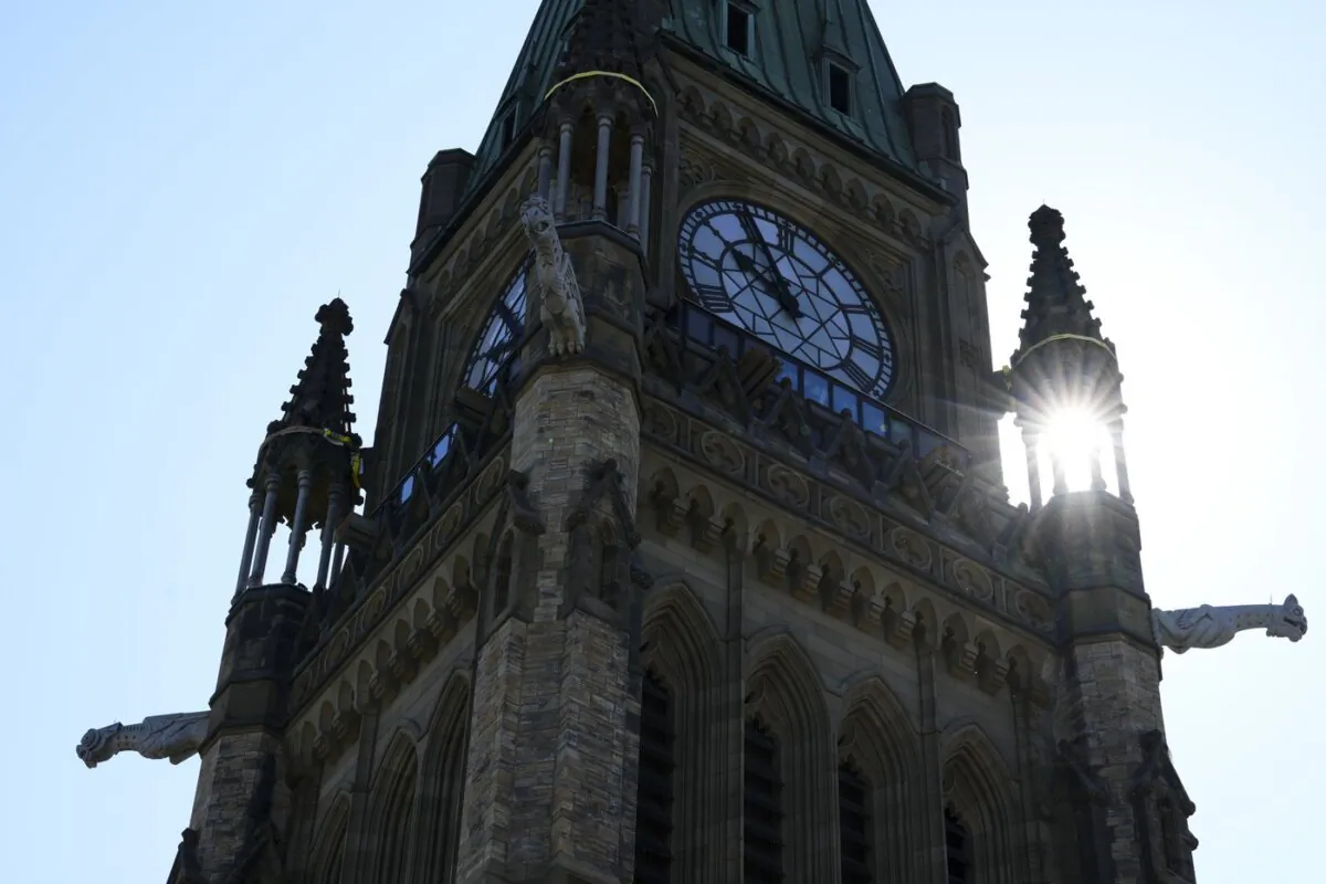The Peace Tower is pictured from the roof of the Centre Block during a media tour of the Centre Block restoration project on Parliament Hill in Ottawa, on June 22, 2023. (The Canadian Press/Sean Kilpatrick)