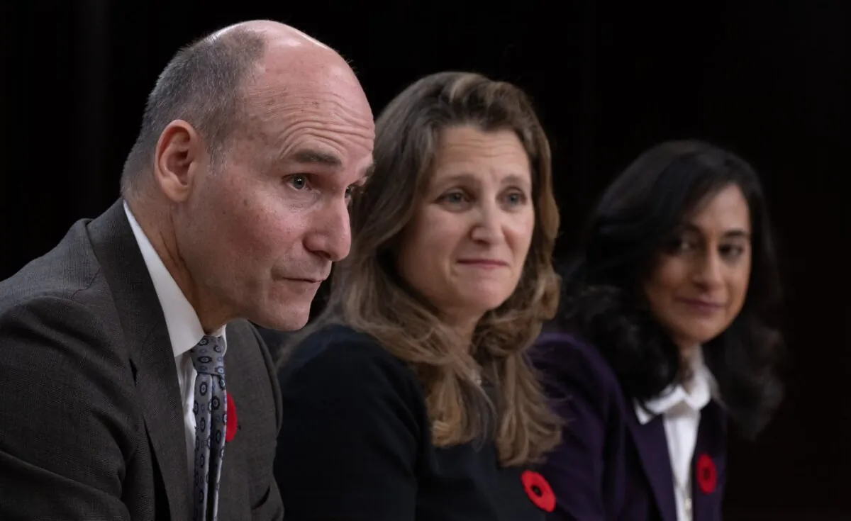 Deputy Prime Minister and Minister of Finance Chrystia Freeland and President of the Treasury Board Anita Anand look on as Public Services and Procurement Minister Jean-Yves in Ottawa Nov. 7, 2023. (The Canadian Press/Adrian Wyld)