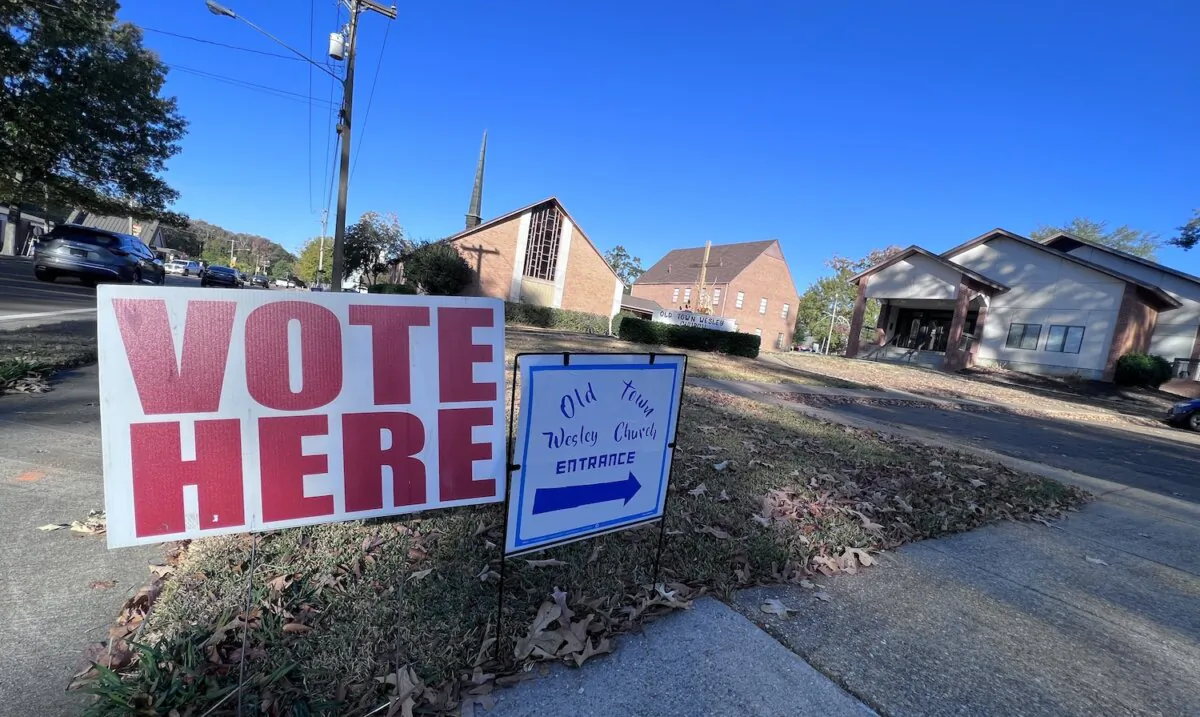 An election sign is seen outside Old Town Wesley Church in Ridgeland, Miss., on Nov. 7, 2023. (Lawrence Wilson/The Epoch Times)