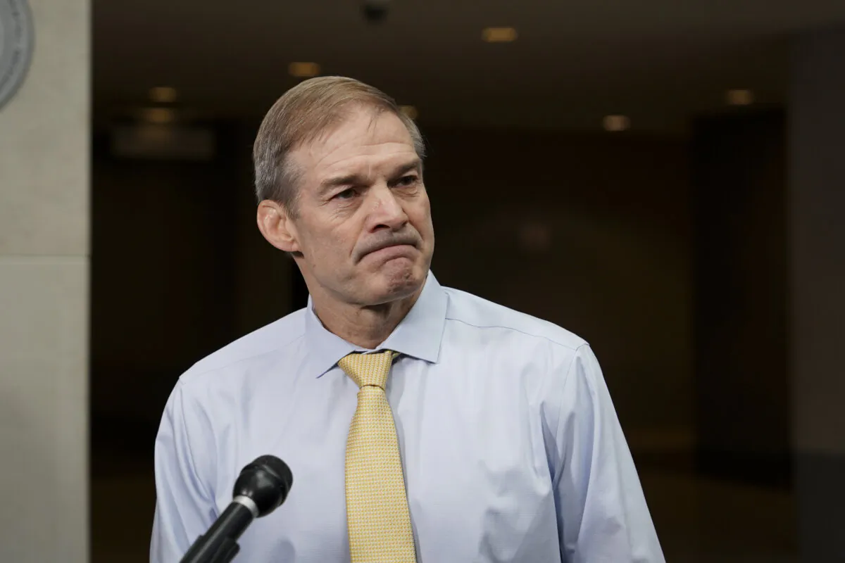 Rep. Jim Jordan (R-Ohio) speaks to the press after coming out of the Hunter Biden special counsel David Weiss’s closed-door testimony to the House Judiciary Committee in Washington on Nov. 7, 2023. (Madalina Vasiliu/The Epoch Times)