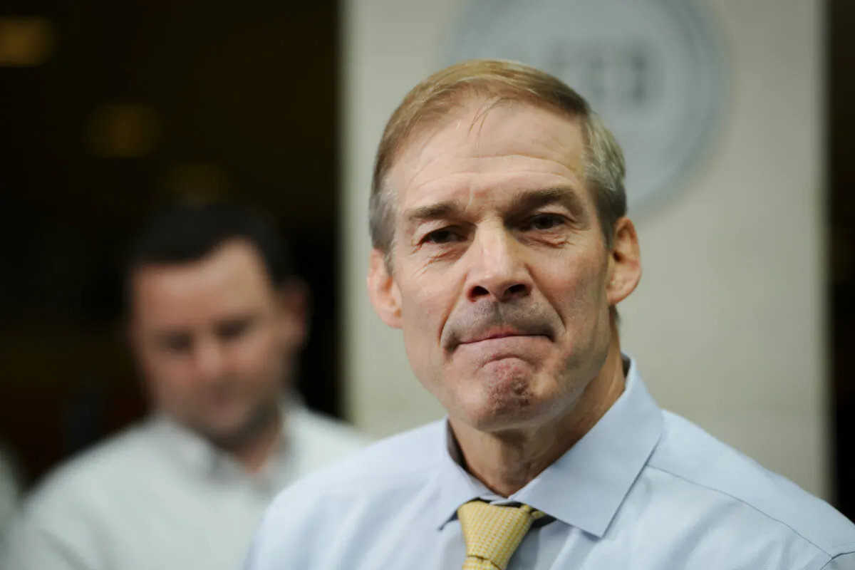 Rep. Jim Jordan (R-Ohio) speaks to reporters after coming out of Hunter Biden special counsel David Weiss’s closed-door testimony to the House Judiciary Committee in Washington on Nov. 7, 2023. (Madalina Vasiliu/The Epoch Times)