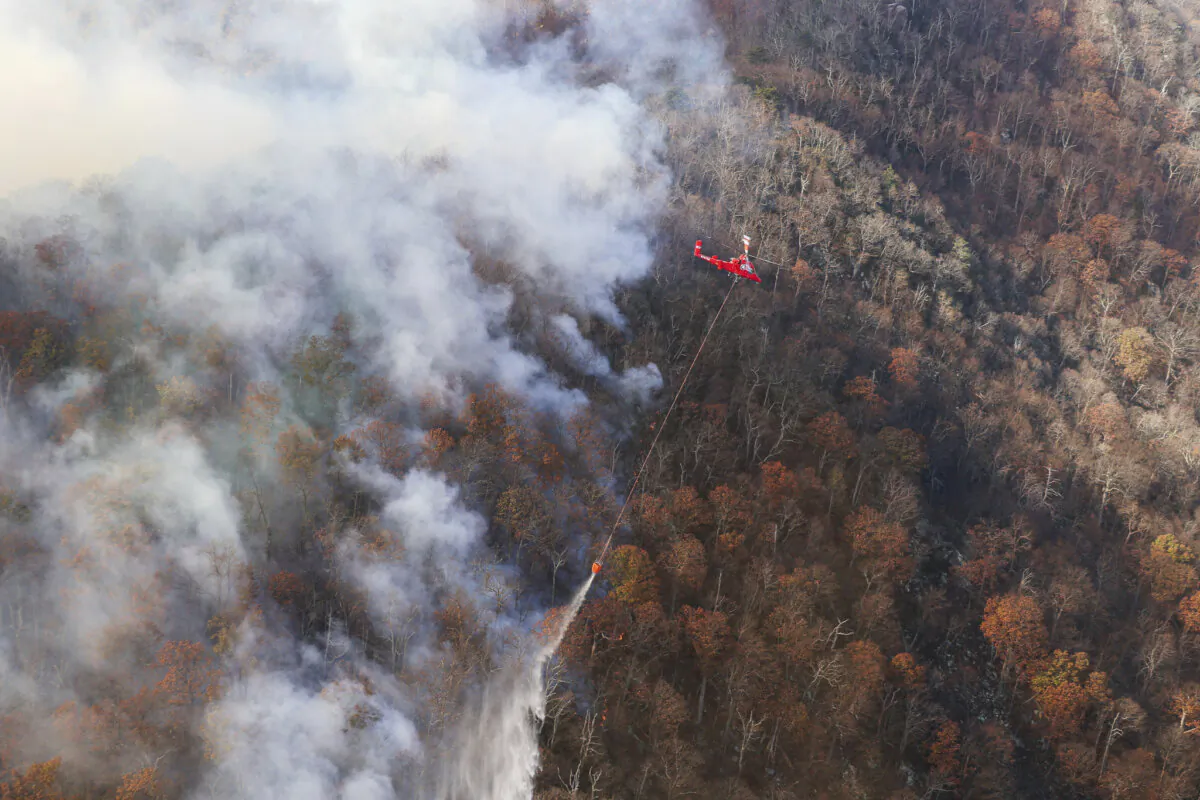Firefighters try to stop the western spread of the Quaker Run Wildfire in Madison County, Va., on Nov. 5, 2023. (Virginia Department of Forestry via AP)