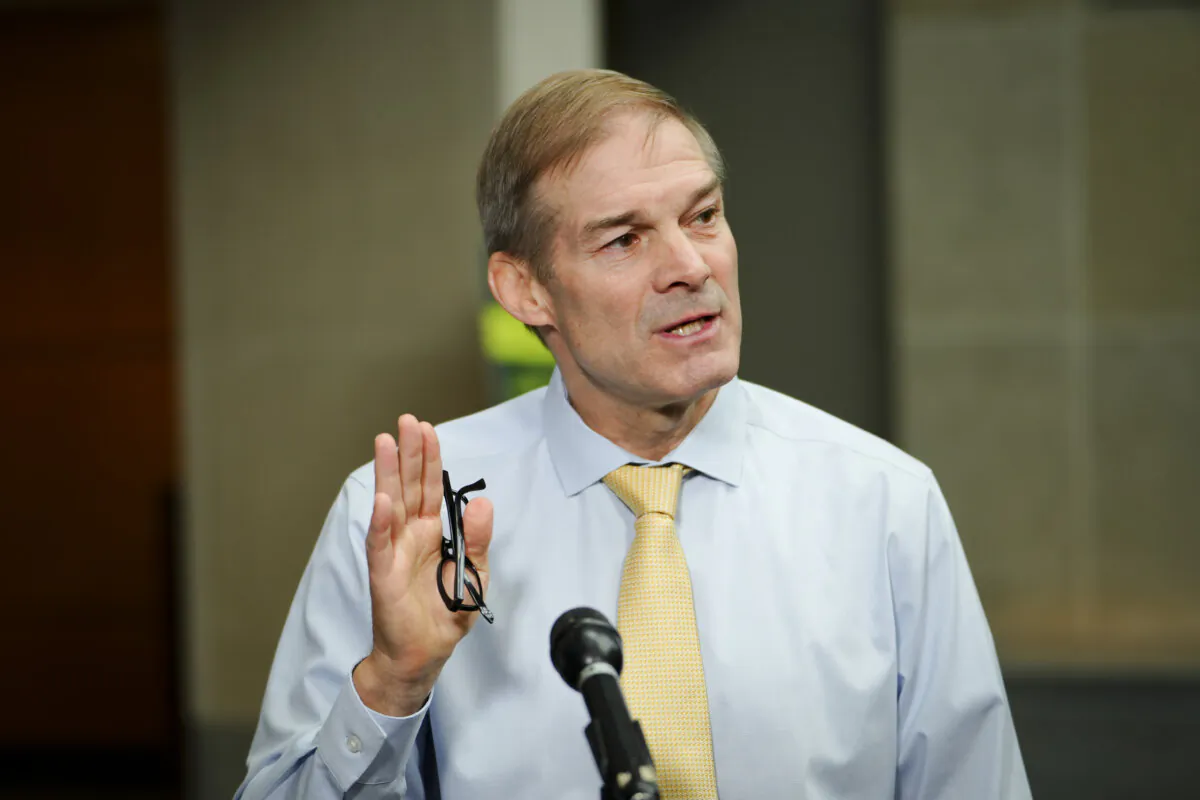 Rep. Jim Jordan (R-Ohio) speaks to the press after coming out of the Hunter Biden special counsel David Weiss’s closed-door testimony to the House Judiciary Committee in Washington on Nov. 7, 2023. (Madalina Vasiliu/The Epoch Times)