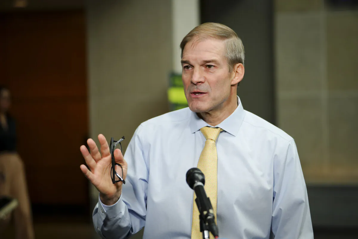 Rep. Jim Jordan (R-Ohio) speaks to the press after coming out of the Hunter Biden special counsel David Weiss’s closed-door testimony to the House Judiciary Committee in Washington on Nov. 7, 2023. (Madalina Vasiliu/The Epoch Times)