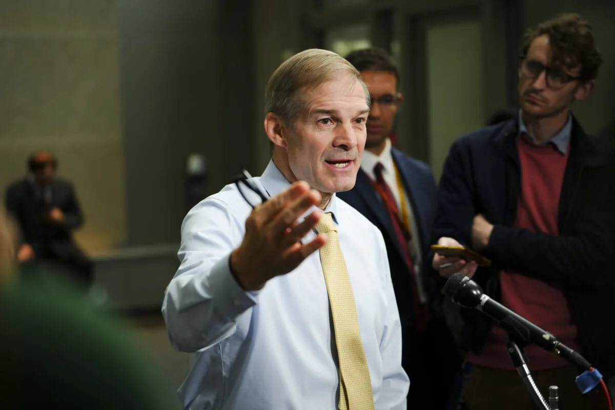 Rep. Jim Jordan (R-Ohio) speaks to the press after coming out of the Hunter Biden special counsel David Weiss’s closed-door testimony to the House Judiciary Committee in Washington, on Nov. 7, 2023. (Madalina Vasiliu/The Epoch Times)
