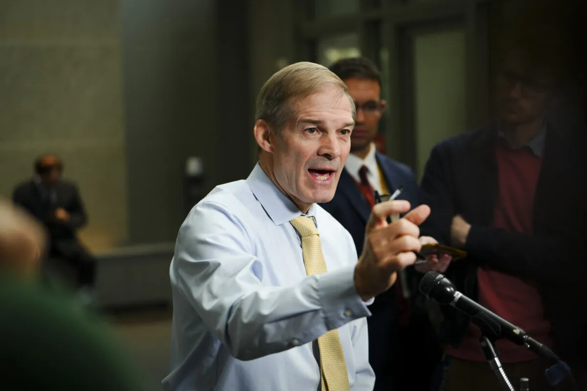 Rep. Jim Jordan (R-Ohio) speaks to the press after leaving the Hunter Biden special counsel David Weiss’s closed-door testimony to the House Judiciary Committee in Washington on Nov. 7, 2023. (Madalina Vasiliu/The Epoch Times)