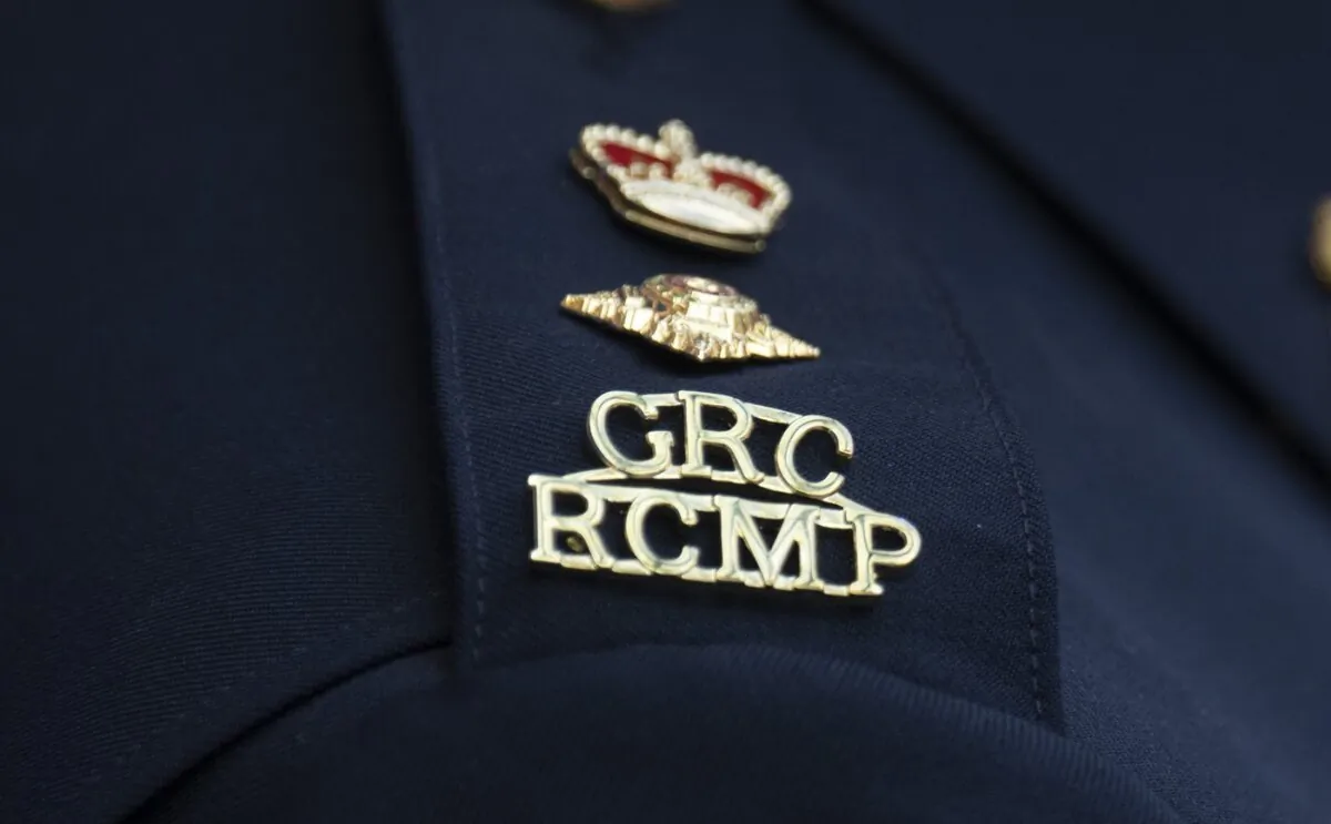 The RCMP logo is seen on the shoulder of a superintendent during a news conference in St. John’s, Newfoundland on June 24, 2023. (The Canadian Press/Adrian Wyld)