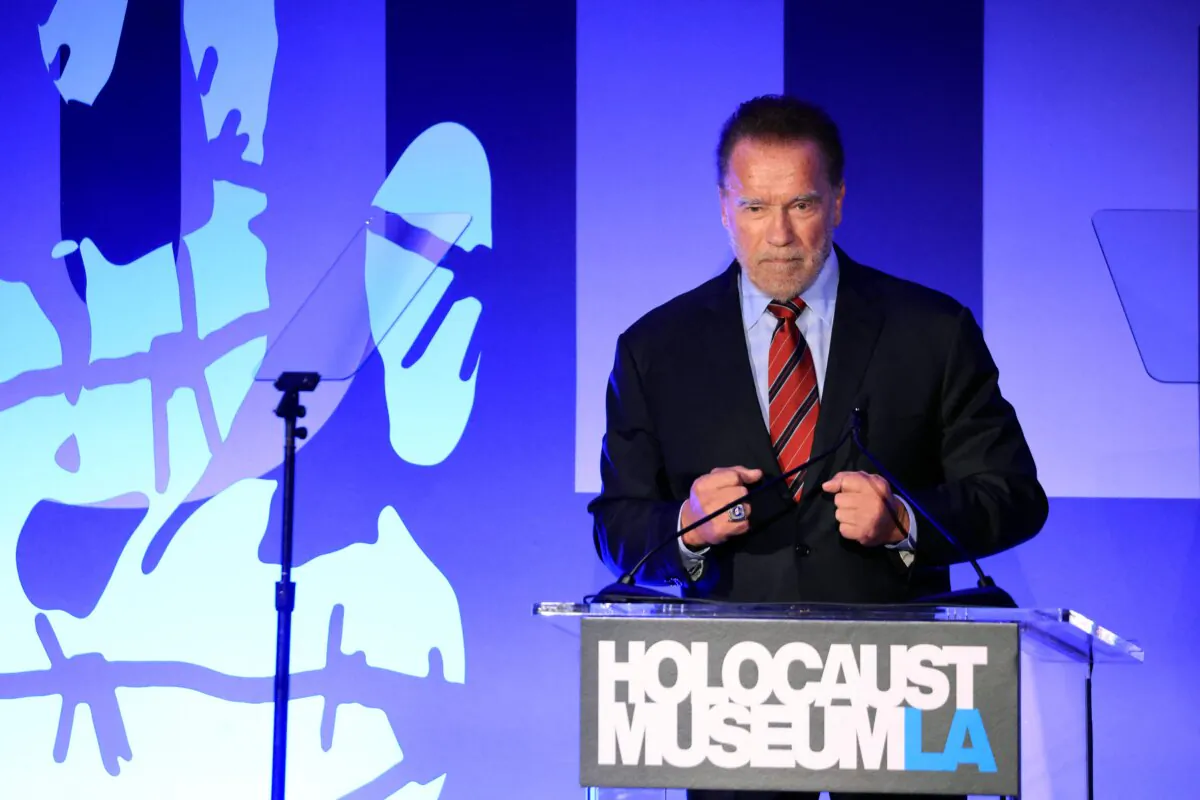 Former California Governor Arnold Schwarzenegger speaks as he accepts the inaugural "Award of Courage" during Holocaust Museum LA's 15th Annual Gala at the Beverly Hills Hotel in Los Angeles on Nov. 6, 2023. (David Swanson/AFP via Getty Images)