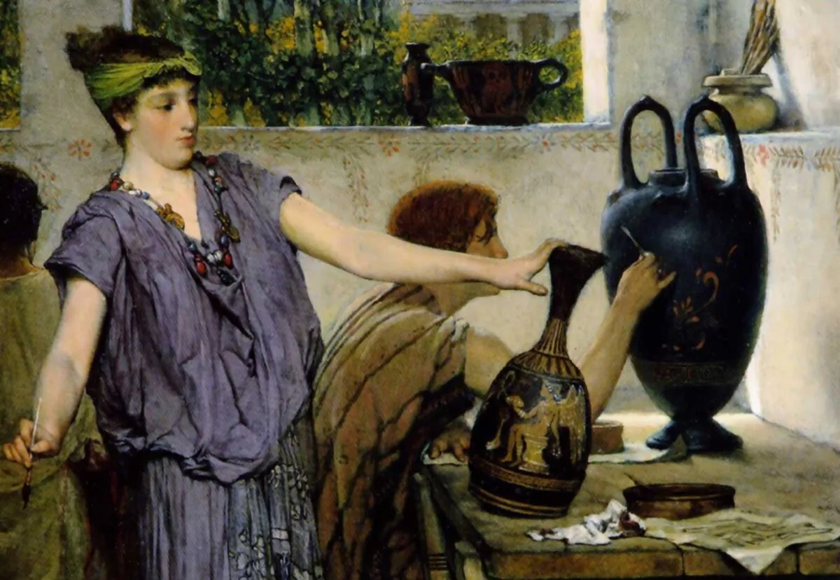 Will a piece of clay become a beautiful vessel? Cropped image of “Etruscan Vase Painters,” 1871, by Sir Lawrence Alma-Tadema. (Public Domain)