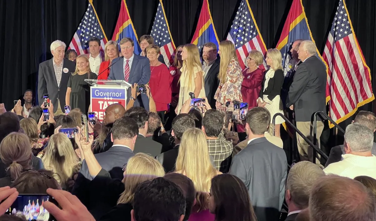 Mississippi Gov. Tate Reeves delivers a victory speech in Flowood, Miss., on Nov. 7. 2023. (Lawrence Wilson / The Epoch Times)