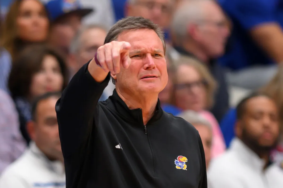 Kansas head coach Bill Self calls directions to his team during the first half of an NCAA college basketball game against North Carolina Central in Lawrence, Kan., on Nov. 6, 2023. (Reed Hoffmann/AP Photo)