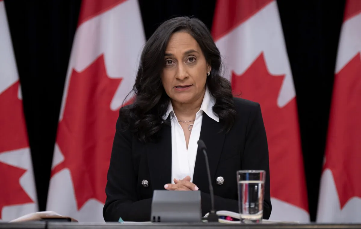 Treasury Board President Anita Anand speaks during a news conference in Ottawa on Oct. 23, 2023. (The Canadian Press/Adrian Wyld)