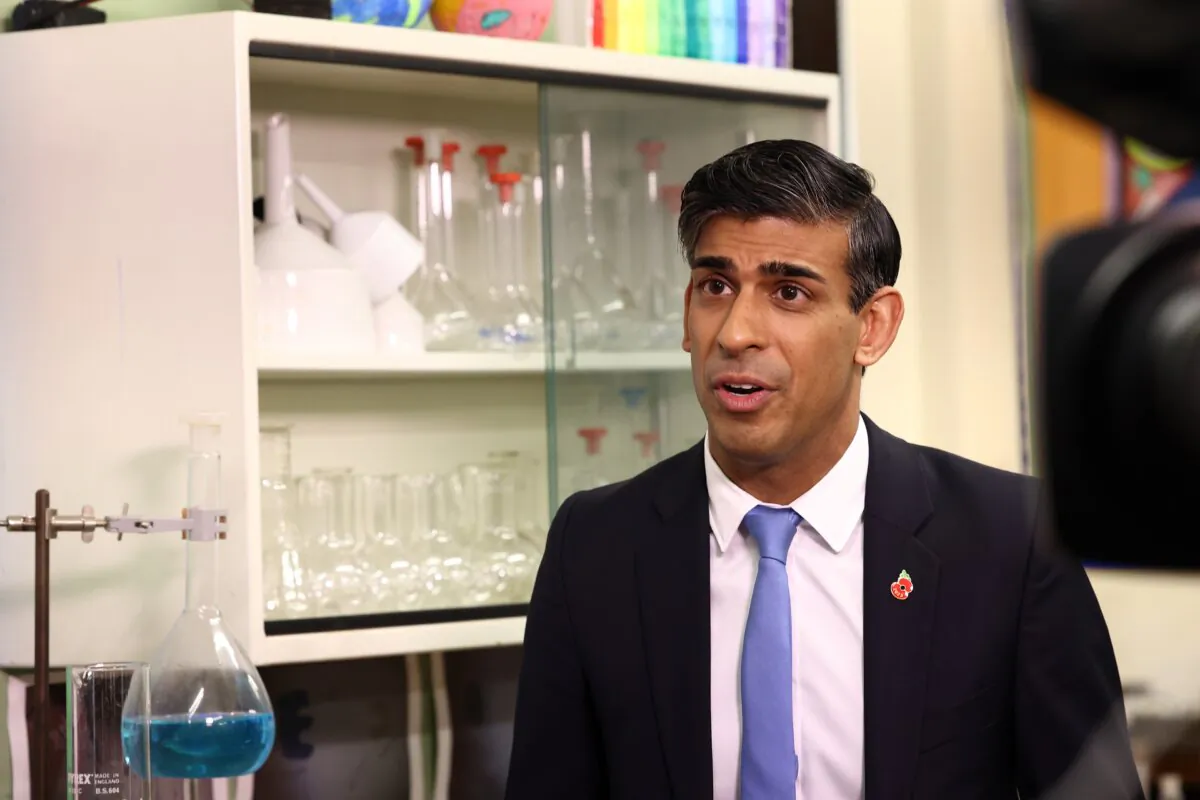 Prime Minister Rishi Sunak takes part in a media interview during a visit to Giles Academy in Old Leake, Lincolnshire, England, on Nov. 8, 2023. (Darren Staples/PA)
