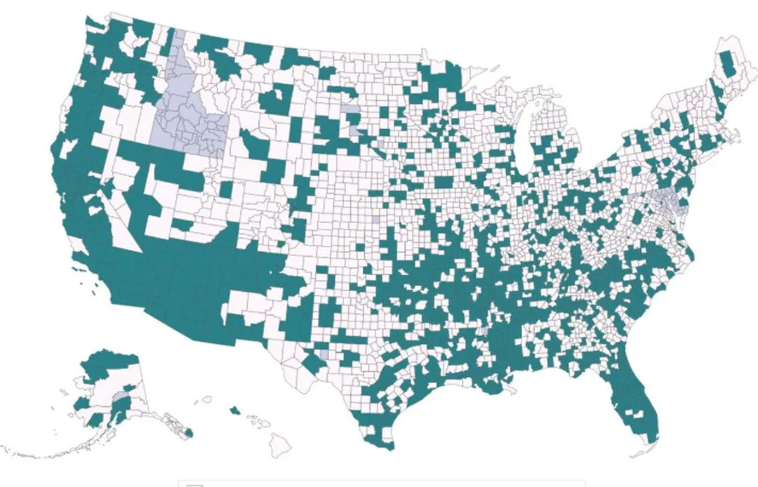 This image provided by the US Centers for Disease Control and Prevention on Nov. 7, 2023, shows counties, shaded in green, where officials say syphilis testing should be increased. (US CDC via The Epoch Times)