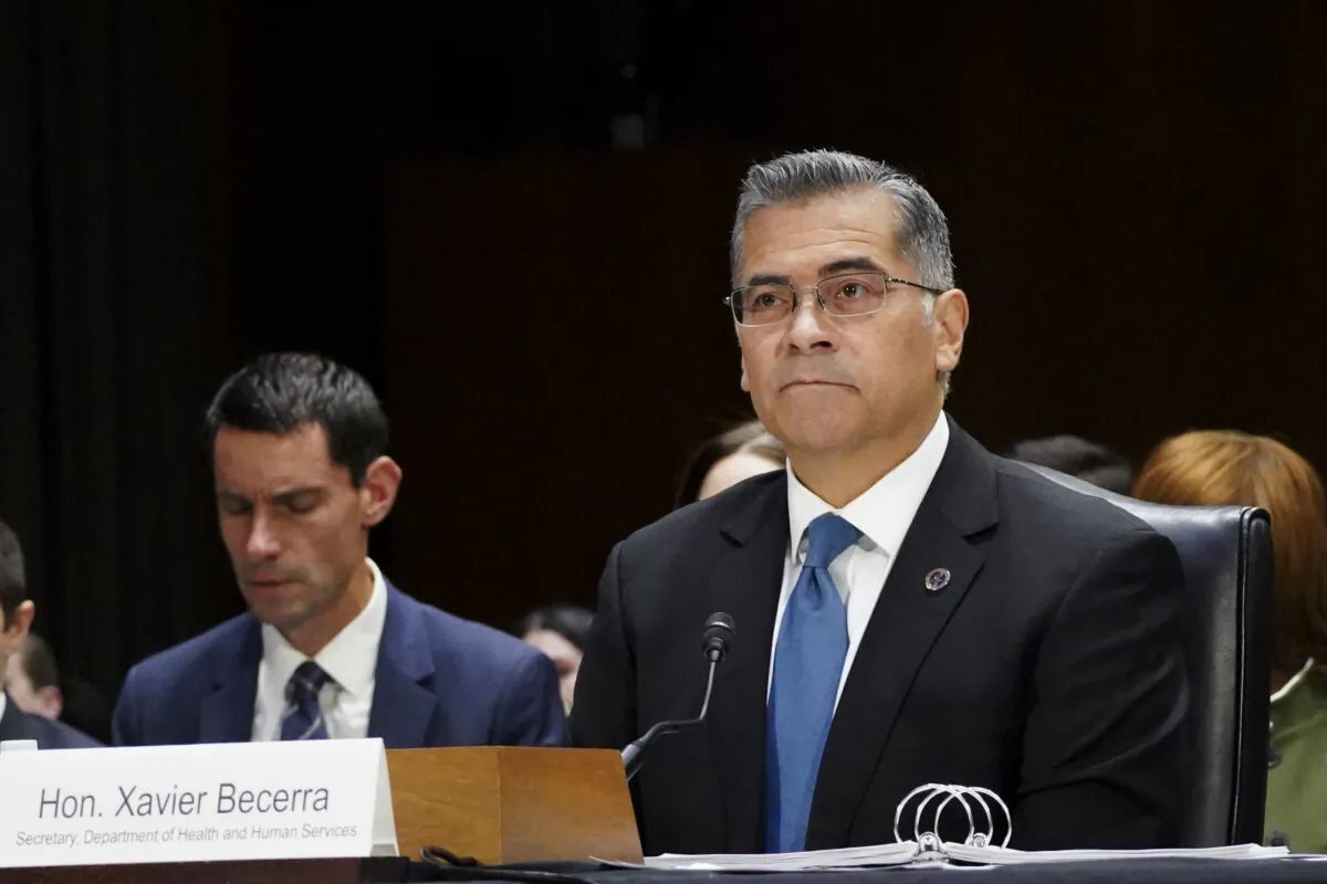 Secretary of the Department of Health and Human Services Xavier Becerra testifies before the Senate Appropriations Committee in Washington on Nov. 8, 2023. (Madalina Vasiliu/The Epoch Times)