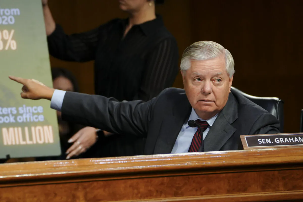 Sen. Lindsey Graham (R-S.C.) speaks during a hearing about reviewing the President’s supplemental request for the Departments of Health and Human Services and Homeland Security in Washington on Nov. 8, 2023. (Madalina Vasiliu/The Epoch Times)