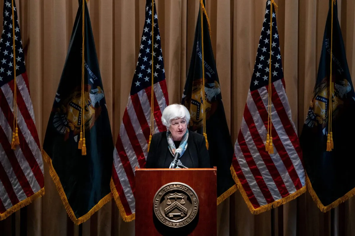 Treasury Secretary Janet Yellen speaks about goals for the 2024 tax-filing season, at the IRS headquarters in Washington, on Nov. 7, 2023. (Stefani Reynolds/AFP via Getty Images)