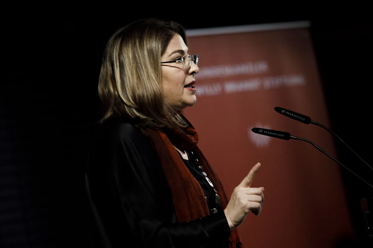 Canadian author and activist Naomi Klein speaks at the "Willy Brandt Lecture 2019" at the Willy Brandt Foundation in Berlin, Germany, on Dec. 12, 2019. (Carsten Koall/Getty Images)