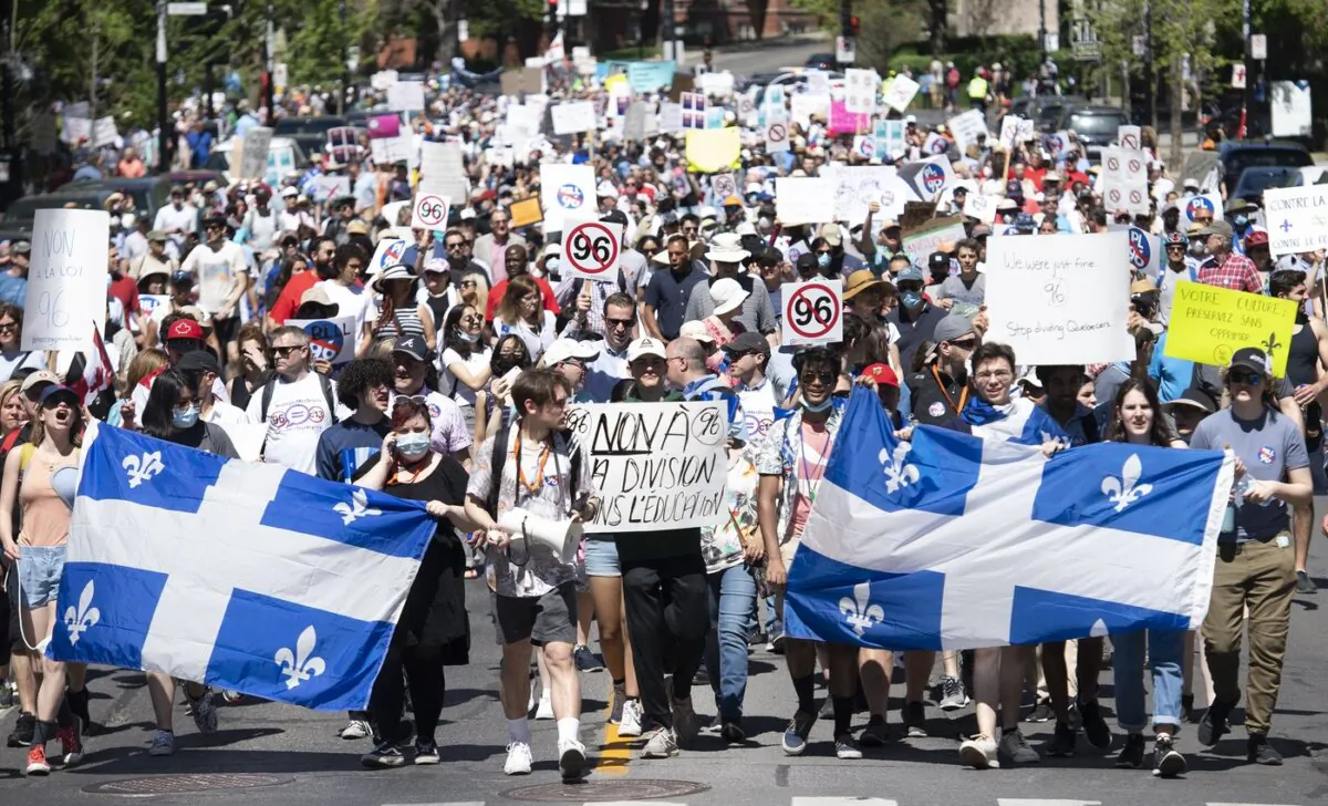 People take part in a demonstration against Bill 96 in Montreal, on May 14, 2022. (The Canadian Press/Graham Hughes)