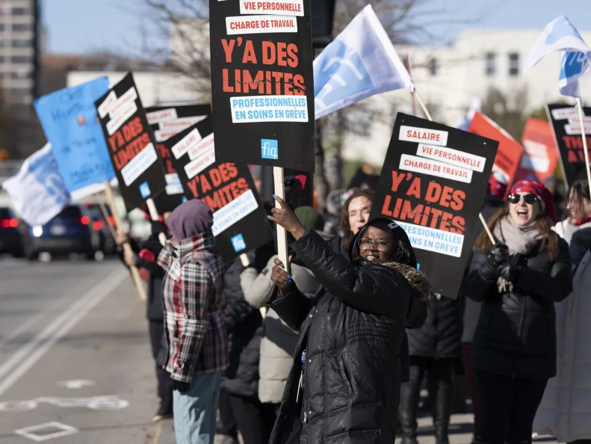 Quebec health care workers strike in Montreal on Nov. 8, 2023. (The Canadian Press/Christinne Muschi)