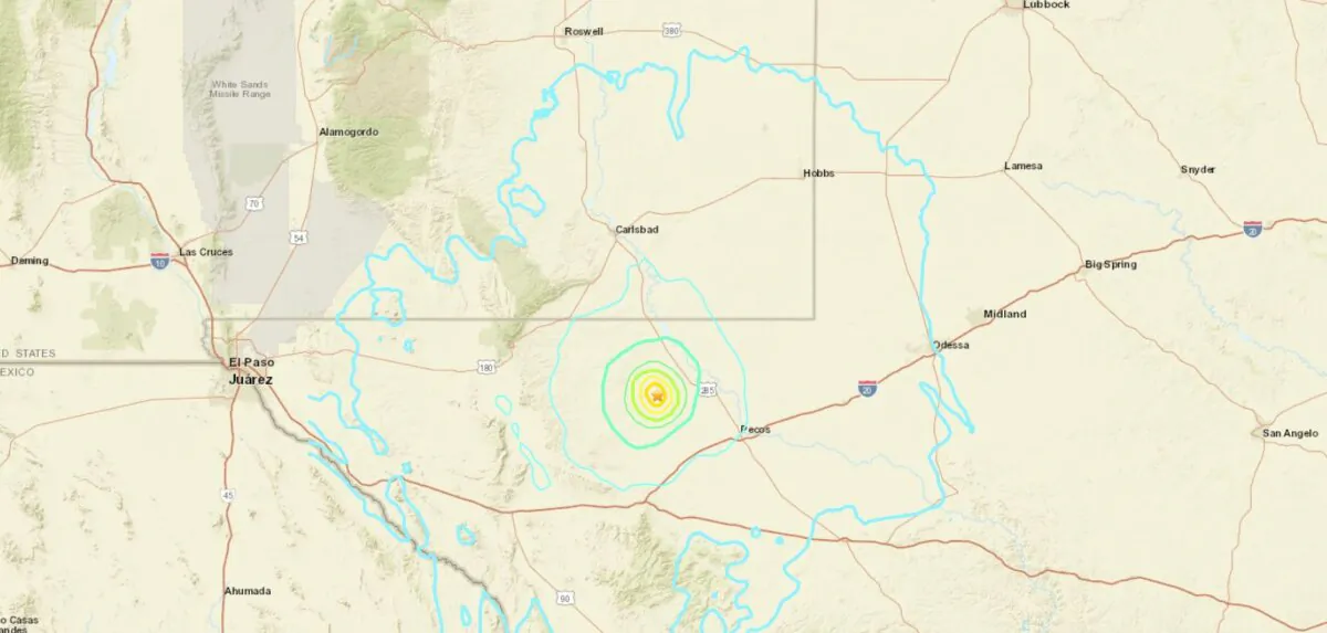 A map shows the location of a 5.3 magnitude earthquake in western Texas on Nov. 8, 2023. (USGS/Screenshot via The Epoch Times)